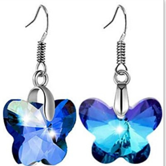 Blue Butterfly Earrings Dangle Crystal Cut Earrings Butterflies Silver Prisim - Picture 3 of 7